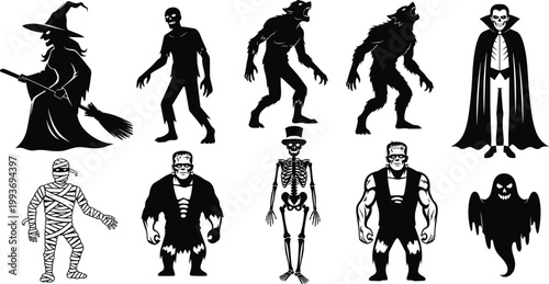 "Collection of Halloween silhouettes featuring witch, zombie, werewolf, vampire, mummy, Frankenstein, skeleton, and ghost spooky horror artwork design"Mobile