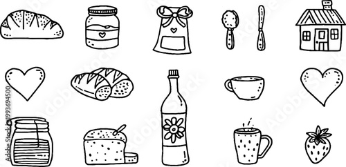 Cottage bakery morning sourdough and jam jar sticker sheet with breakfast breads and kitchen icons for sticker design and small craft projects