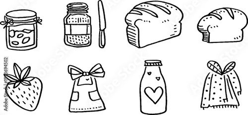 Cottage bakery morning sourdough and jam jar sticker sheet with breakfast breads and kitchen icons for sticker design and small craft projects