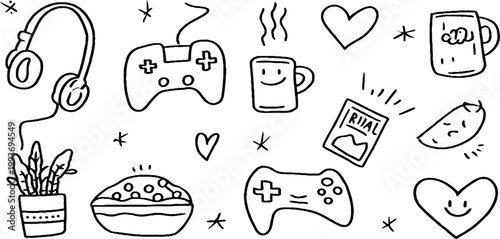 Hand drawn cozy gamer night sticker sheet with headsets controllers mugs plants bowls and hearts for planner stickers and craft design