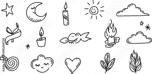 Hand drawn black line sticker sheet with crescent moons stars candles clouds hearts ribbons and sleepy faces for planner craft background and printable stationery design