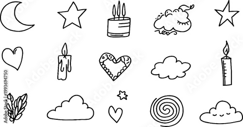Hand drawn black line sticker sheet with crescent moons stars candles clouds hearts ribbons and sleepy faces for planner craft background and printable stationery design
