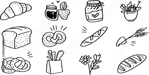 Bakery sticker sheet with croissant baguette jam jar strawberry and salad bowl for planner sticker design and labels
