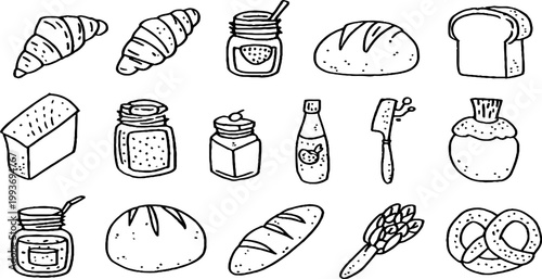 Hand drawn bakery sticker sheet with croissants, bread loaves, buns and jam jars for cute label and sticker design