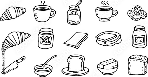 Black line breakfast sticker sheet with croissant coffee mug jam jar toast and butter icons for planner stickers and label design