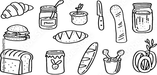 Hand drawn bread and jam sticker sheet with baguettes, slices and jars for playful label and packaging design