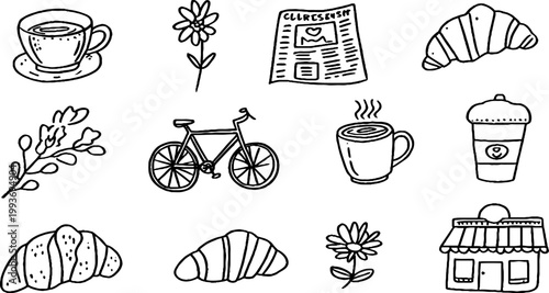 Hand drawn parisian cafe sticker sheet with croissants coffee cups newspaper bicycle and bakery icons for planner stickers labels and backgrounds
