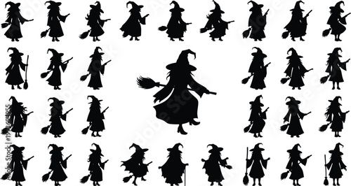 "Multiple witch silhouettes with pointed hats and broomsticks, flying and standing in spooky poses, Halloween fantasy artwork illustration design"Mobile