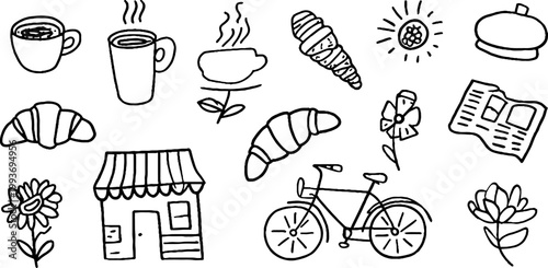 Black outline sticker sheet of croissants coffee cups bicycle newspaper and floral doodles in a french cafe theme for planner stickers labels and scrapbook backgrounds