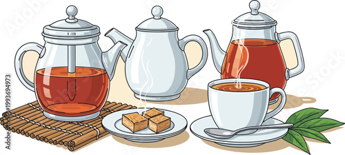 A hot porcelain teacup of lemon tea and sweet cookies sits on a white china saucer alongside a teapot and spoon for a healthy breakfast beverage