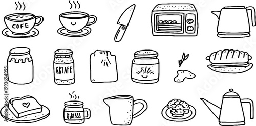 Hand drawn breakfast and kitchen sticker sheet with cups mugs toaster kettle jars and utensils for planner sticker design and craft projects