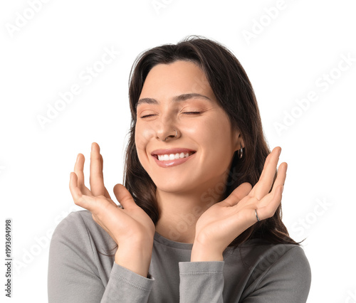 Happy young woman with nose...
