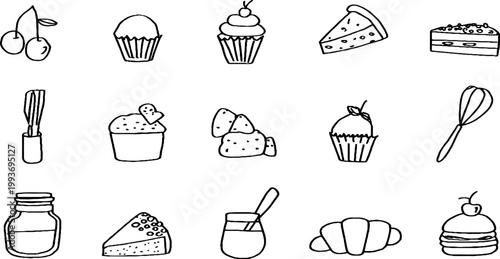 Hand drawn bakery sticker sheet with cupcakes croissants cake slices cherries and baking tools for planner sticker design and craft background
