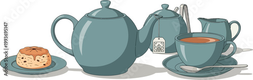 A pair of isolated rubber boots and gloves sit beside a traditional ceramic china teapot and a white porcelain cup for a hot morning beverage in the kitchen