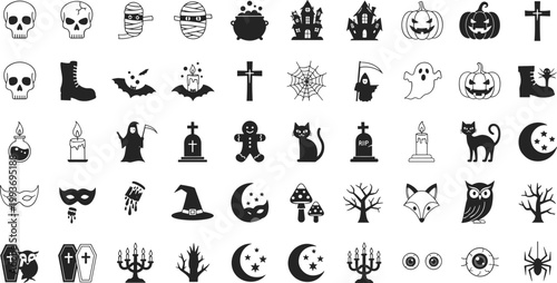 "Collection of Halloween icons including skulls, ghosts, pumpkins, bats, witches hats, cats, spiders, coffins, gravestones, haunted houses"Mobile