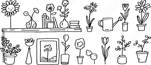 Linear shelf and tabletop plant doodle sticker sheet with books vases potted plants and watering can for decor labels and craft backgrounds