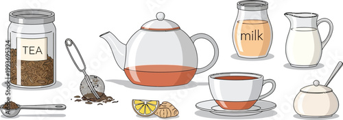 Isolated set of different spices and food ingredients arranged with a traditional ceramic teapot and green tea cup on a white background
