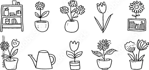 Minimal hand drawn floral sticker sheet with potted daisies tulips vases and watering can for planner and scrapbooking use