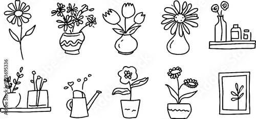 Hand drawn floral sticker sheet with daisy tulip vases and watering can in black line for planner and scrapbooking design elements