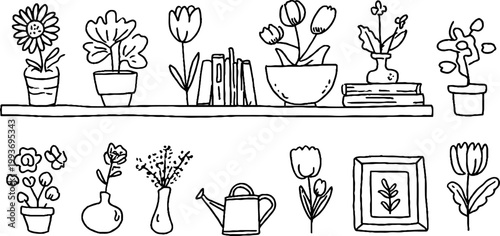 Hand drawn botanical sticker sheet with daisies tulips potted plants and watering can for scrapbooking and planner design