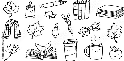 Hand drawn dark academia sticker sheet with books candles glasses scarves cups and apples for planner sticker design