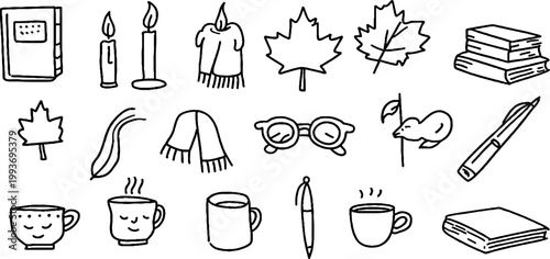 Hand drawn dark academia sticker sheet with candles books glasses scarves mugs and leaves for planner sticker design