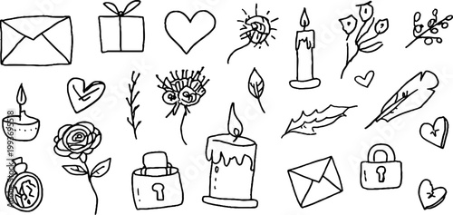 Hand drawn whimsical outline love icons sticker sheet with envelopes hearts roses candles locks and feathers for romantic craft projects