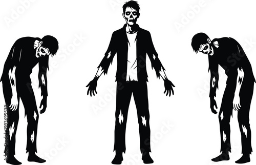 "Three silhouetted zombie figures in tattered clothing, creepy undead posture, horror fantasy illustration perfect for Halloween design themes"Mobile