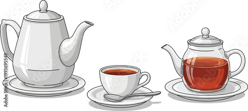 A white porcelain teapot and ceramic teacup with a hot green tea beverage are isolated on a saucer, featuring traditional kitchen crockery and china tableware for a healthy breakfast