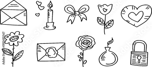 Hand drawn love stationery icons sticker sheet showing envelopes hearts bows roses candles locks and seals for valentines stickers and craft design