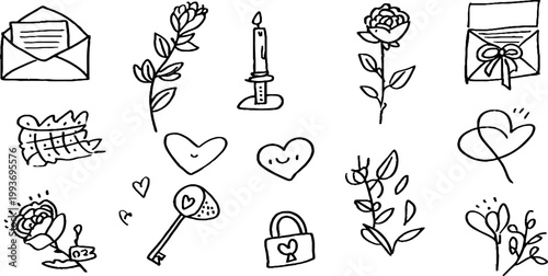 Assorted doodle love icons sticker sheet with envelopes hearts roses candles keys locks and botanical sprigs for valentine's day craft design and stationery
