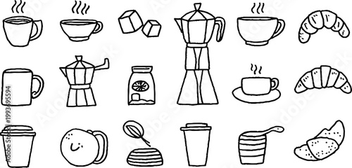 Coffee sticker sheet of hand drawn cups moka pots sugar cubes and croissants icons for planner labels pattern background and craft design