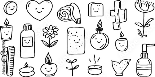 Hand drawn self care sticker sheet with spa and bath icons including bottles soap sponge comb candle and floral faces for planner stickers and background design