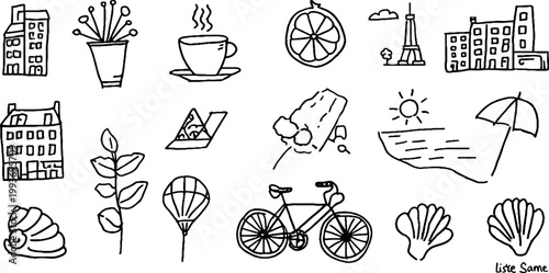 Hand drawn european summer sticker sheet with city buildings eiffel tower coffee bicycle shells and beach icons for postcard background