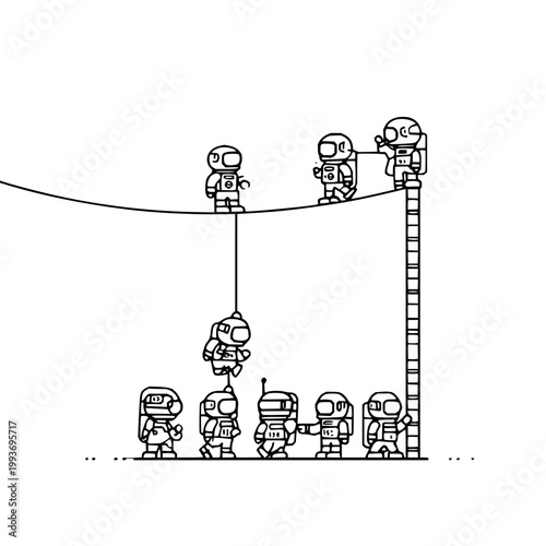 Astronauts on Space Rope Rescue Mission in Zero Gravity