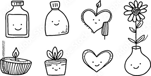Hand drawn black and white cosmetic and botanical sticker sheet with lotion bottles, heart lollipops, candles and potted flowers for planner stickers and craft design backgrounds