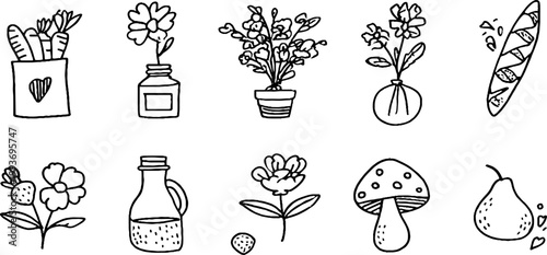 Farmers market doodle sticker sheet with bags carrots potted flowers mushrooms and pears for planner embellishments and craft labels