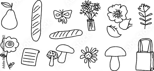 Hand drawn black line farmers market sticker sheet with baguette pear flowers and mushrooms for planner stickers and printable craft designs