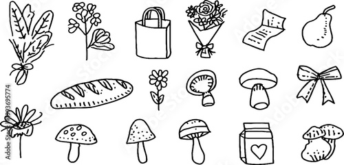 Minimal hand drawn farmers market sticker sheet with baguette mushrooms flowers milk carton and pear icons for planner pages and craft prints