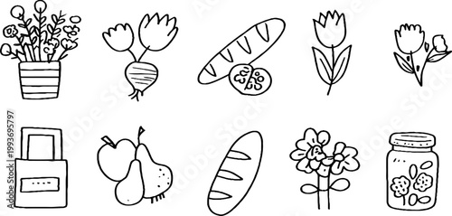 Hand drawn farmers market sticker sheet with tote radish tulip bread jar and floral icons for craft label and pattern design