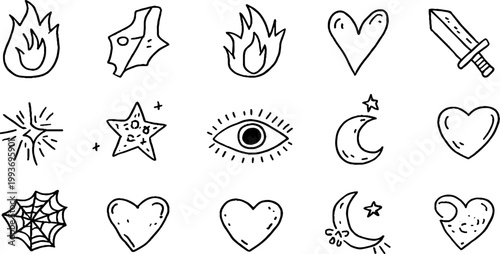 Hand-drawn black line icons of flame dagger eye star heart crescent for sticker sheet and craft design background