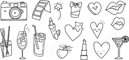 Cute hand drawn sticker sheet with film cameras, lipsticks, drinks, hearts and fruit icons for planner stickers, journal decoration and craft supplies