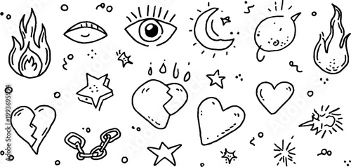 Doodle sticker sheet with black line flame eye heart moon star chain and small decorative doodles for print design and stationery