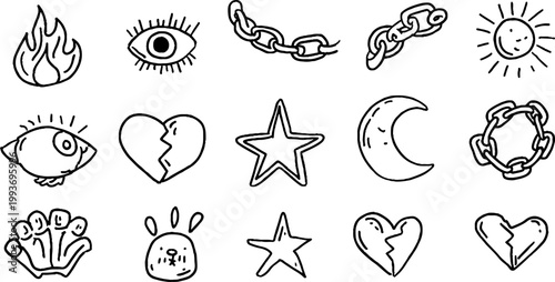 Hand drawn black line sticker sheet of flames eyes moons stars chains and broken hearts for sticker design and pattern background
