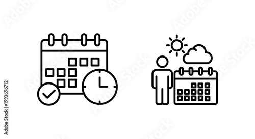 Calendar with clock icon for time off request and person with calendar icon calendar planning schedule management approval application documentation agreement business illustration workflow