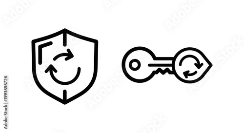 Shield icon with refresh arrows for account restore and key icon with refresh arrows for account restore recovery security database information management password authentication illustration