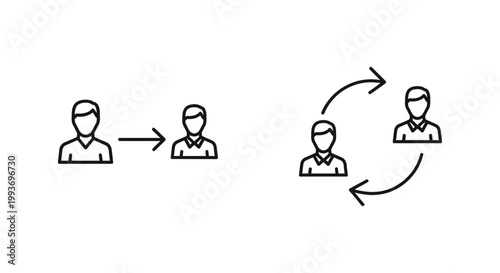 Referral stage icons: one person to another and circular flow with referral connection business marketing recruitment introduction recommendation community collaboration engagement customer
