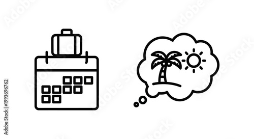 Vacation planning icons: suitcase on calendar and tropical dream with vacation planning calendar suitcase relaxation schedule destination tropical paradise background