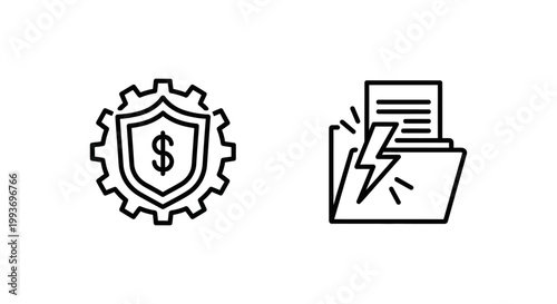 Asset management and incident response icons: shield with dollar and folder with lightning management incident response lightning security protection emergency document strategy business
