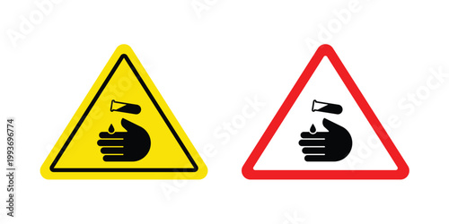 Chemical burns hazard sign. Line and glyph solid vector collection.
